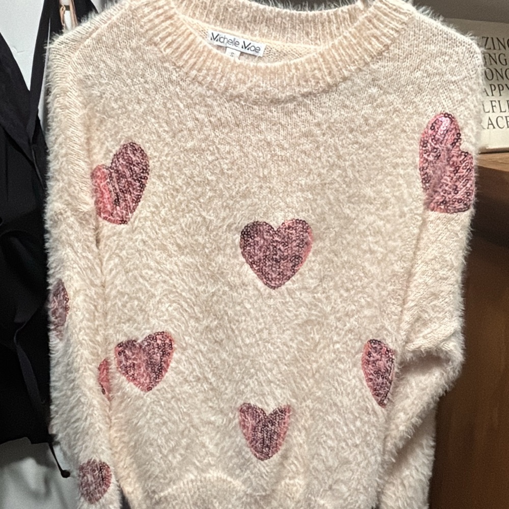 Michelle Mae Cream Sweater with Pink Hearts